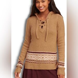 Hollister Womens Brown Tan Lace Up-Neck Fair Isle Hoodie Sweater XS